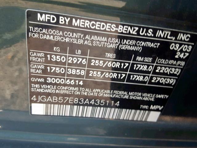 4JGAB57E83A435114 - 2003 MERCEDES-BENZ ML 350 GREEN photo 10