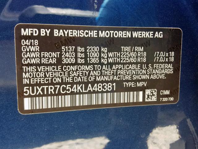 5UXTR7C54KLA48381 - 2019 BMW X3 SDRIVE3 BLUE photo 10