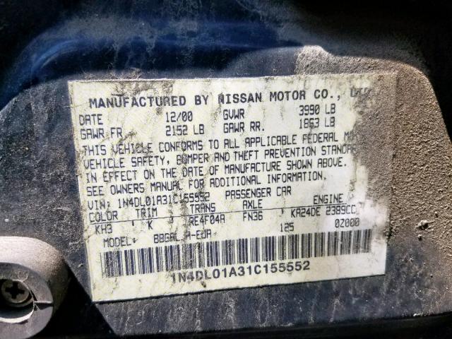 1N4DL01A31C155552 - 2001 NISSAN ALTIMA GXE BLACK photo 10