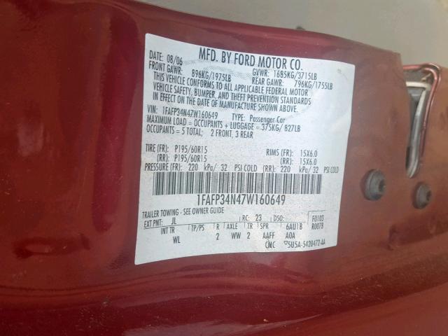 1FAFP34N47W160649 - 2007 FORD FOCUS ZX4 RED photo 10