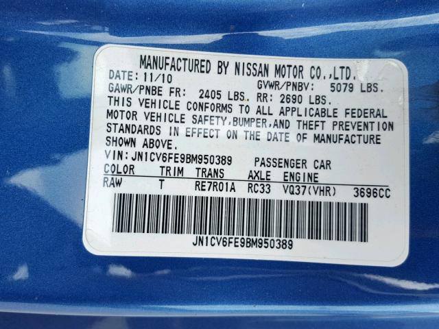 JN1CV6FE9BM950389 - 2011 INFINITI G37 BASE BLUE photo 10