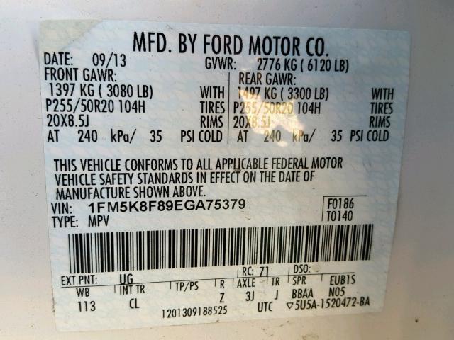 1FM5K8F89EGA75379 - 2014 FORD EXPLORER L WHITE photo 10