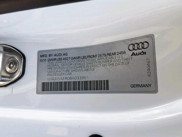 WAUVVAFR0BA033951 - 2011 AUDI S5 PRESTIG WHITE photo 10