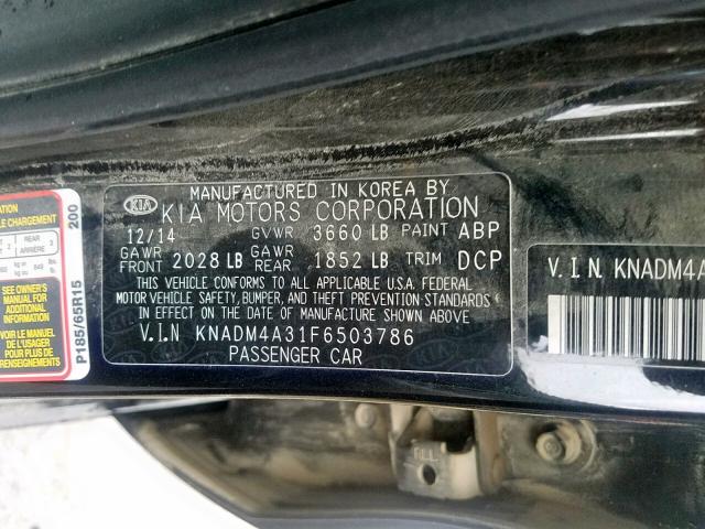 KNADM4A31F6503786 - 2015 KIA RIO LX BLACK photo 10