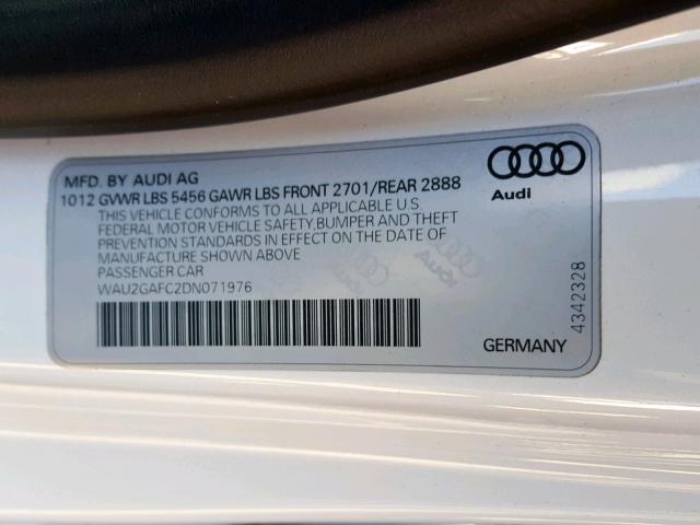 WAU2GAFC2DN071976 - 2013 AUDI A7 PRESTIG WHITE photo 10