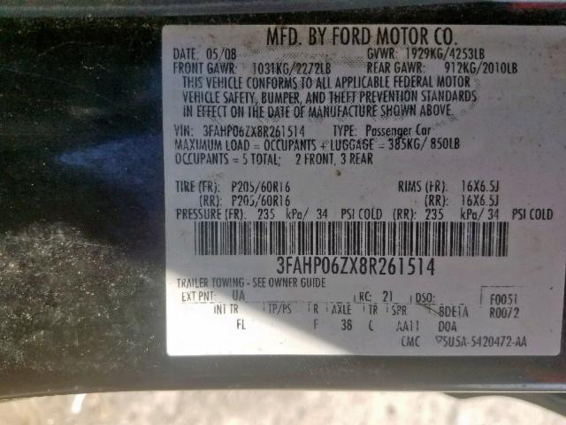 3FAHP06ZX8R261514 - 2008 FORD FUSION S BLACK photo 10