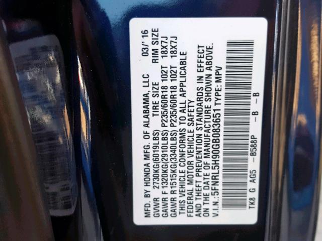 5FNRL5H90GB083651 - 2016 HONDA ODYSSEY TO BLUE photo 10