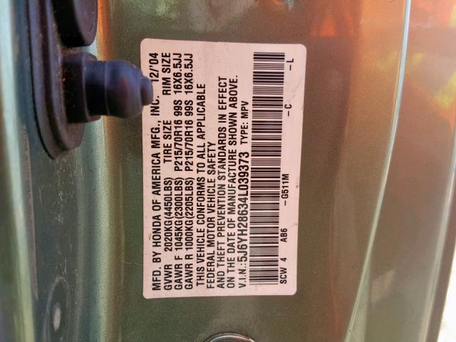 5J6YH28634L039373 - 2004 HONDA ELEMENT EX GREEN photo 10