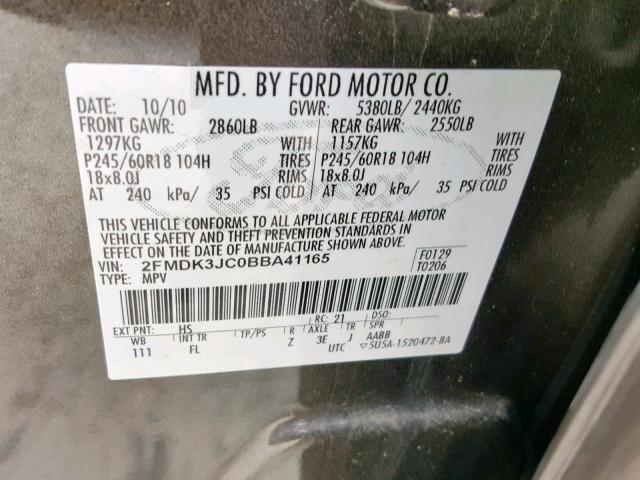 2FMDK3JC0BBA41165 - 2011 FORD EDGE SEL GOLD photo 10