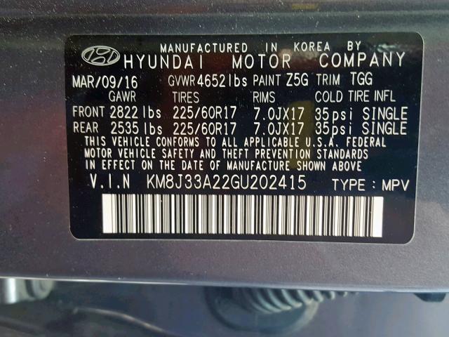 KM8J33A22GU202415 - 2016 HYUNDAI TUCSON LIM GRAY photo 10