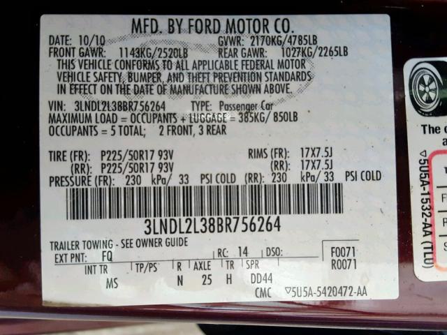 3LNDL2L38BR756264 - 2011 LINCOLN MKZ HYBRID BURGUNDY photo 10