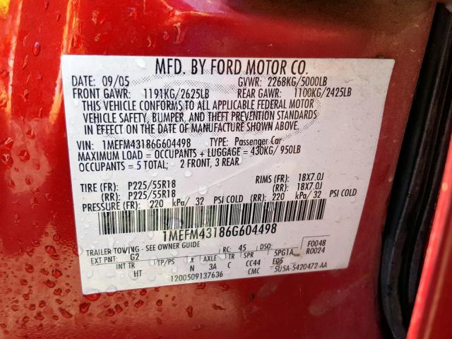 1MEFM43186G604498 - 2006 MERCURY MONTEGO PR RED photo 10