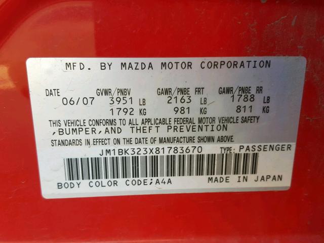 JM1BK323X81783670 - 2008 MAZDA 3 S RED photo 10