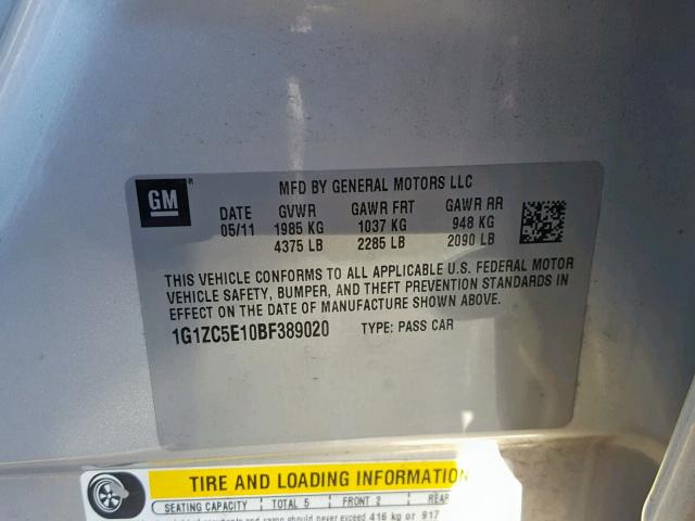 1G1ZC5E10BF389020 - 2011 CHEVROLET MALIBU 1LT 银色 照片 10