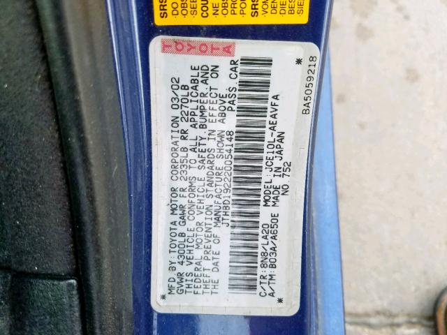 JTHBD192220054148 - 2002 LEXUS IS 300 BLUE photo 10