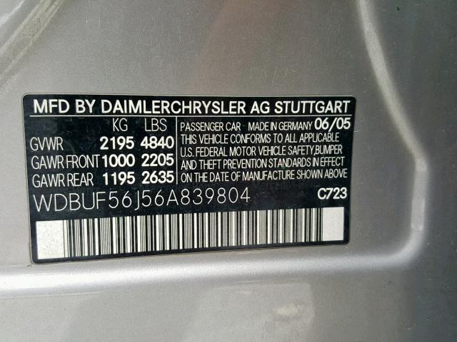 WDBUF56J56A839804 - 2006 MERCEDES-BENZ E 350 GRAY photo 10