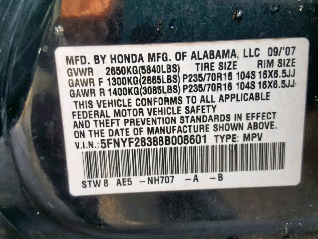 5FNYF28388B008601 - 2008 HONDA PILOT SE BLACK photo 10