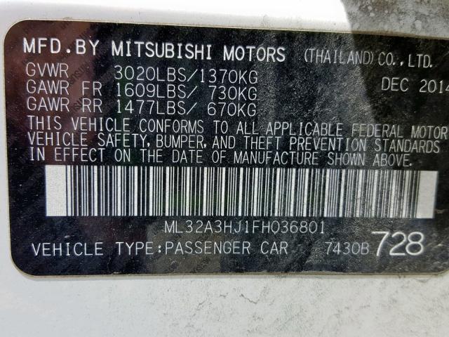 ML32A3HJ1FH036801 - 2015 MITSUBISHI MIRAGE DE WHITE photo 10