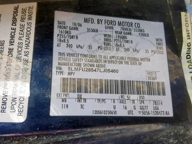 5LMFU28547LJ05460 - 2007 LINCOLN NAVIGATOR ლურჯი ფოტო 10