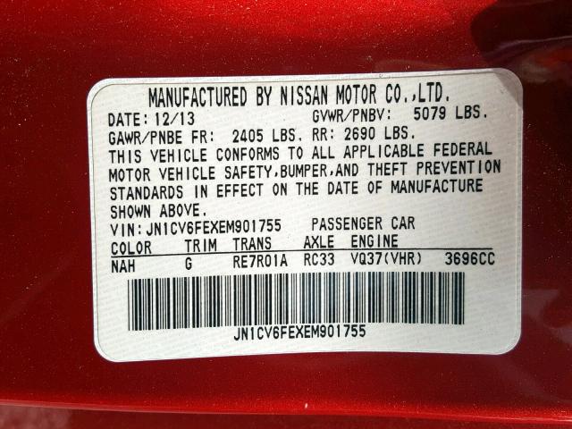 JN1CV6FEXEM901755 - 2014 INFINITI Q60 BASE RED photo 10