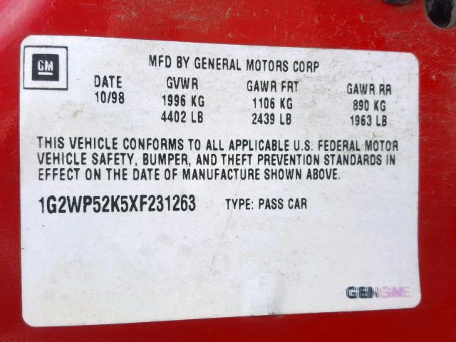 1G2WP52K5XF231263 - 1999 PONTIAC GRAND PRIX RED photo 10