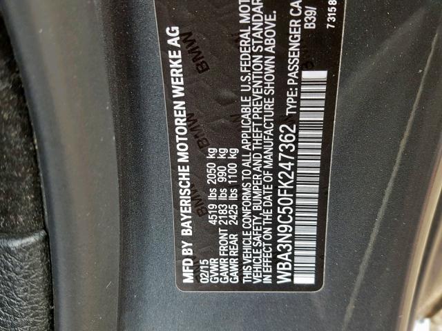 WBA3N9C50FK247362 - 2015 BMW 428 XI GRAY photo 10