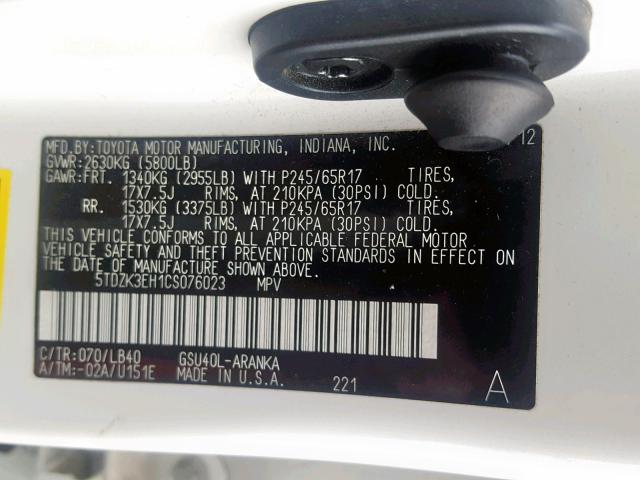 5TDZK3EH1CS076023 - 2012 TOYOTA HIGHLANDER WHITE photo 10