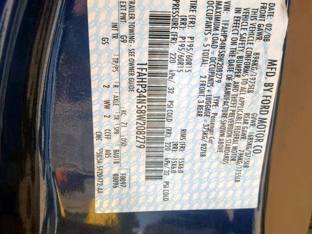 1FAHP34N58W208279 - 2008 FORD FOCUS S/SE BLUE photo 10