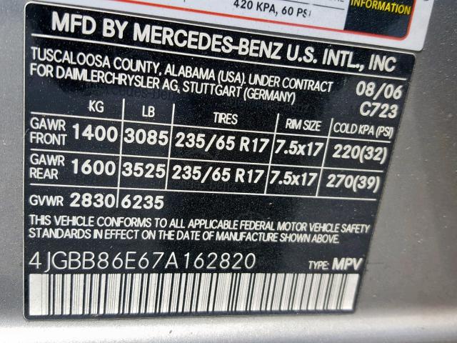 4JGBB86E67A162820 - 2007 MERCEDES-BENZ ML 350 SILVER photo 10