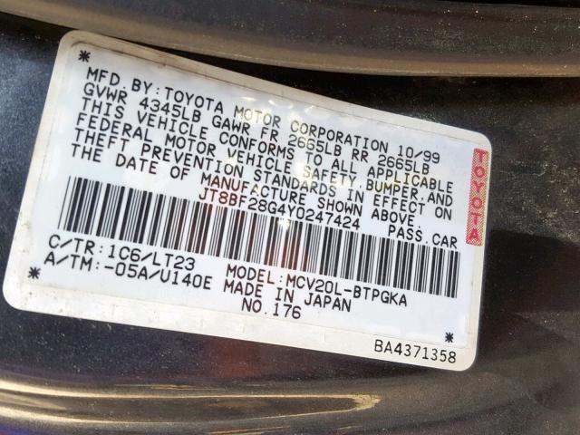 JT8BF28G4Y0247424 - 2000 LEXUS ES 300 GRAY photo 10