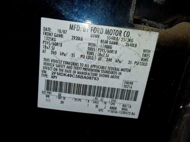 2FMDK49C38BA08793 - 2008 FORD EDGE LIMIT BLACK photo 10