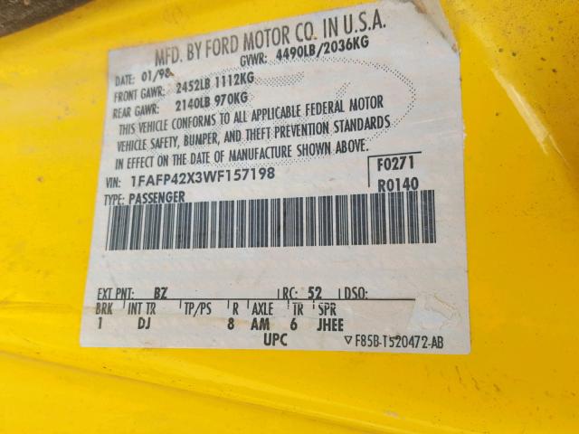 1FAFP42X3WF157198 - 1998 FORD MUSTANG GT YELLOW photo 10