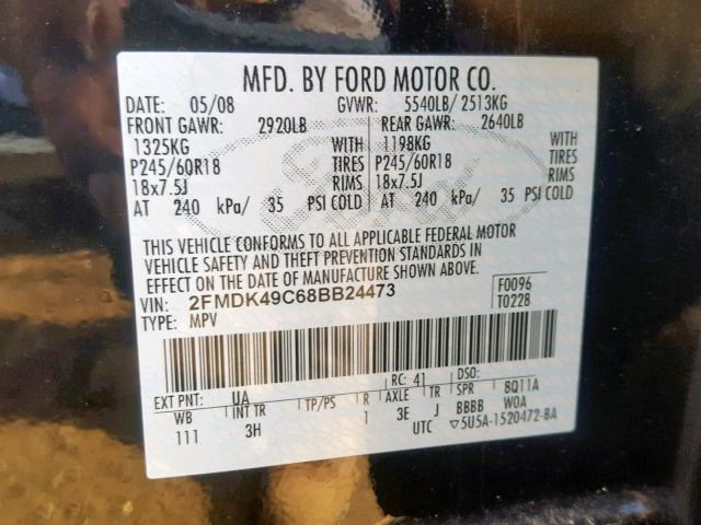 2FMDK49C68BB24473 - 2008 FORD EDGE LIMIT BLACK photo 10