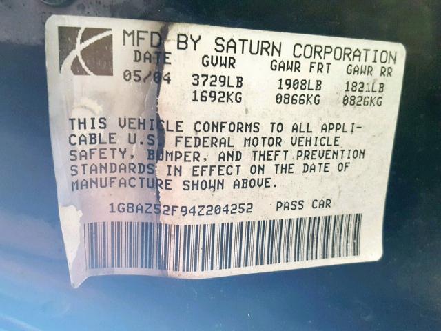 1G8AZ52F94Z204252 - 2004 SATURN ION LEVEL SILVER photo 10