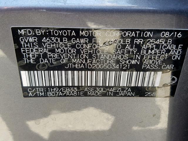 JTHBA1D20G5034121 - 2016 LEXUS IS 200T GRAY photo 10