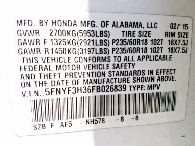 5FNYF3H36FB026839 - 2015 HONDA PILOT SE WHITE photo 10