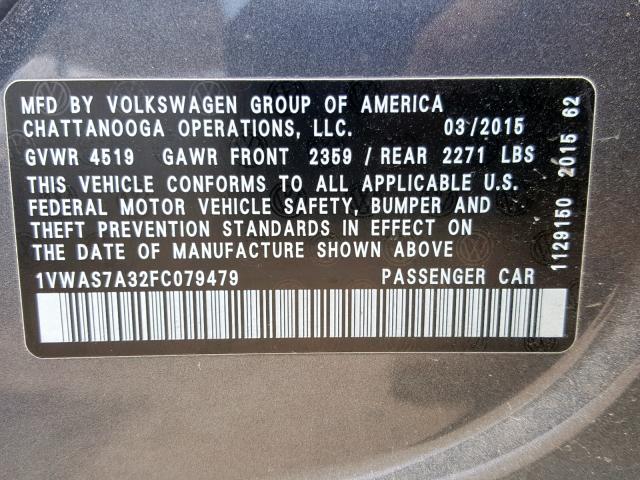 1VWAS7A32FC079479 - 2015 VOLKSWAGEN PASSAT S GRAY photo 10