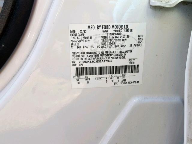 2FMDK3JC3DBA17395 - 2013 FORD EDGE SEL WHITE photo 10