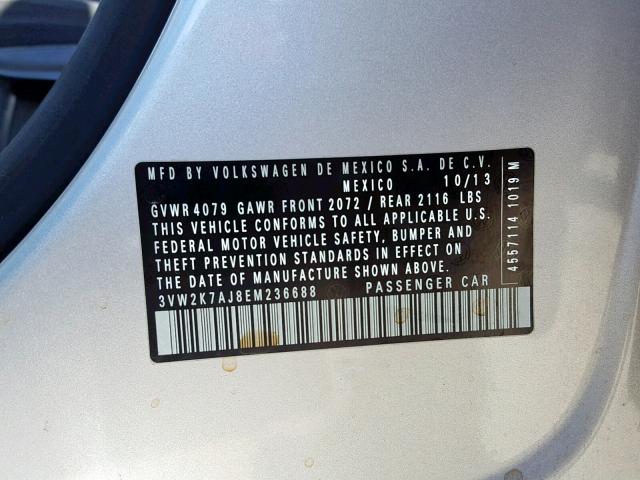 3VW2K7AJ8EM236688 - 2014 VOLKSWAGEN JETTA BASE 银色 照片 10