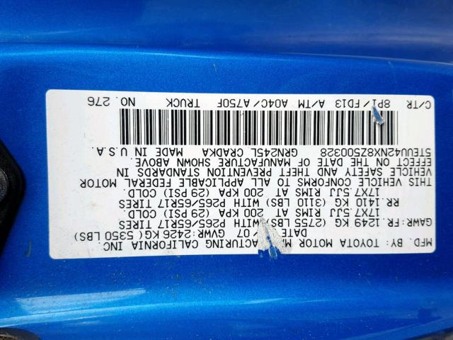 5TEUU42NX8Z500328 - 2008 TOYOTA TACOMA ACC BLUE photo 10