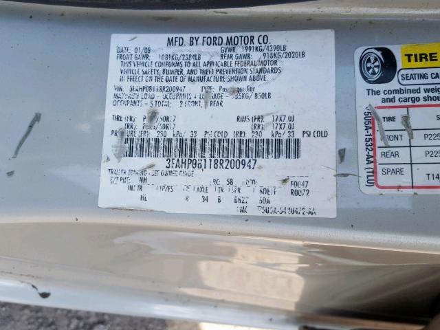 3FAHP08118R200947 - 2008 FORD FUSION SEL CREAM photo 10