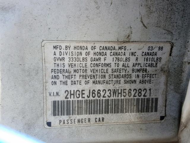 2HGEJ6623WH562821 - 1998 HONDA CIVIC DX WHITE photo 10