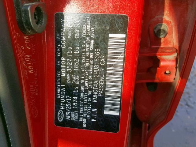 KMHCT4AE2HU315369 - 2017 HYUNDAI ACCENT SE RED photo 10