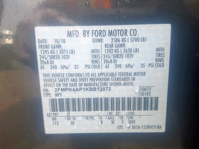 2FMPK4AP1KBB12072 - 2019 FORD EDGE ST GRAY photo 10