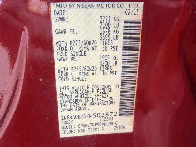 1N6BA0ED3FN503872 - 2015 NISSAN TITAN S BURGUNDY photo 10