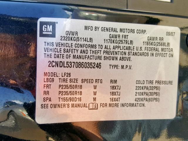 2CNDL537086035246 - 2008 CHEVROLET EQUINOX SP BLACK photo 10