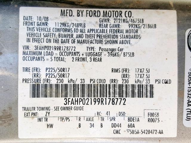 3FAHP02199R178772 - 2009 FORD FUSION SEL SILVER photo 10