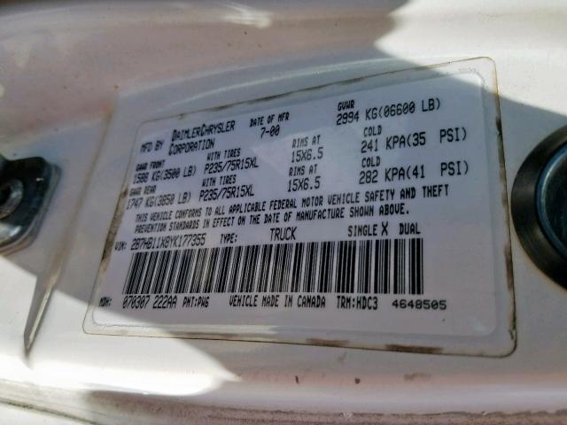 2B7HB11X8YK177355 - 2000 DODGE RAM VAN B1 WHITE photo 10