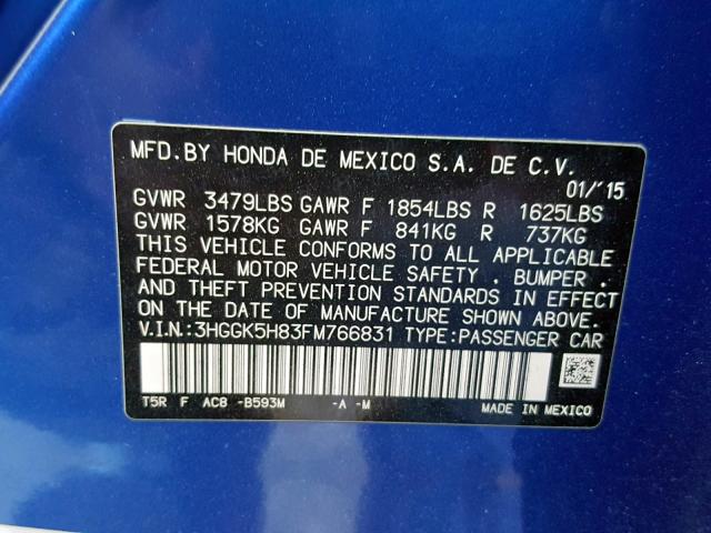 3HGGK5H83FM766831 - 2015 HONDA FIT EX BLUE photo 10