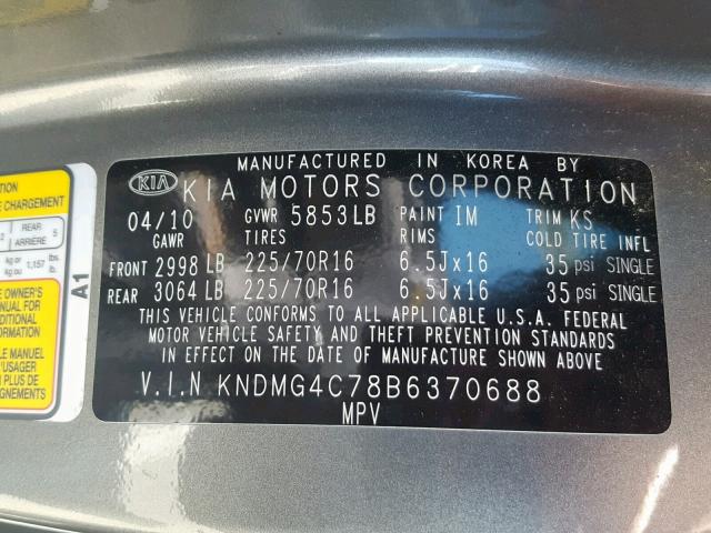 KNDMG4C78B6370688 - 2011 KIA SEDONA LX GRAY photo 10